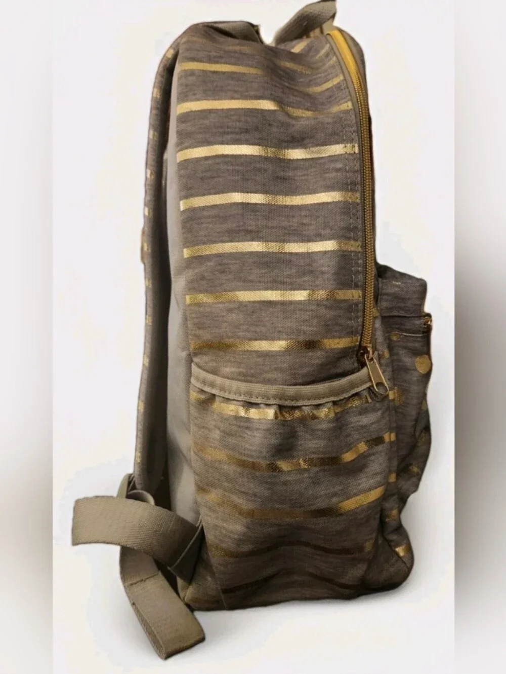 JUSTICE BACKPACK/BOOKBAG AND LANYARD GRAY SHIMMERING GOLD STRIPES/DOTS